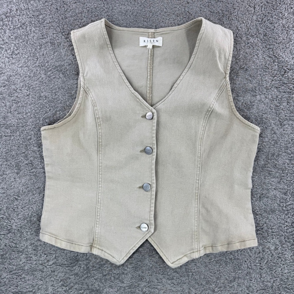 Risen Los Angeles Womens Khaki Tan Denim Button Front Vest‎ Size Lare *WASH IT*